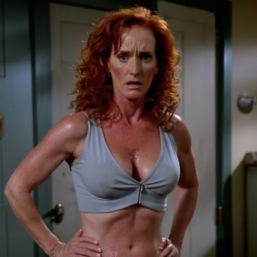 Prompt: Judith hoag, April O'Neil, redhead, cleavage, full body, sweaty, upset

