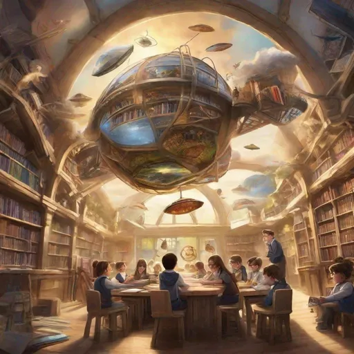 Prompt: Imagine a world where education transcends the limitations of traditional classrooms, where students soar through the skies while acquiring knowledge and skills. This artwork envisions a future of education inspired by the magical world of Harry Potter, where flying objects serve as dynamic learning platforms, transforming the learning experience into an immersive and exhilarating adventure.

