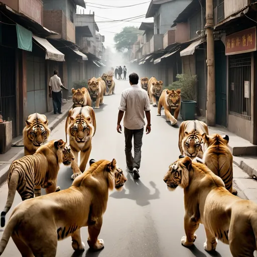 Prompt: A man walking down a street with lions and tigers walking or lying nearby. Some are looking at him like he is potentially prey. There are no other people.