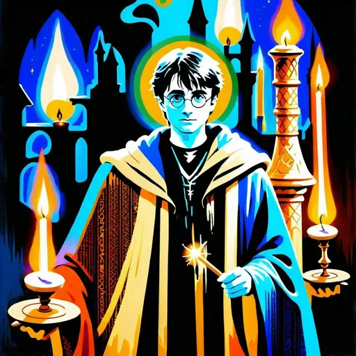 Prompt: High-quality, magical illustration of Harry Potter and his two best friends, detailed wizard robes with intricate patterns, iconic wands at the ready, mystical atmosphere with floating candles, ancient castle backdrop, intense and focused gazes, magical creatures peeking in the background, best quality, highres, ultra-detailed, fantasy, wizardry, detailed robes, mystical, intense, magical creatures, atmospheric lighting