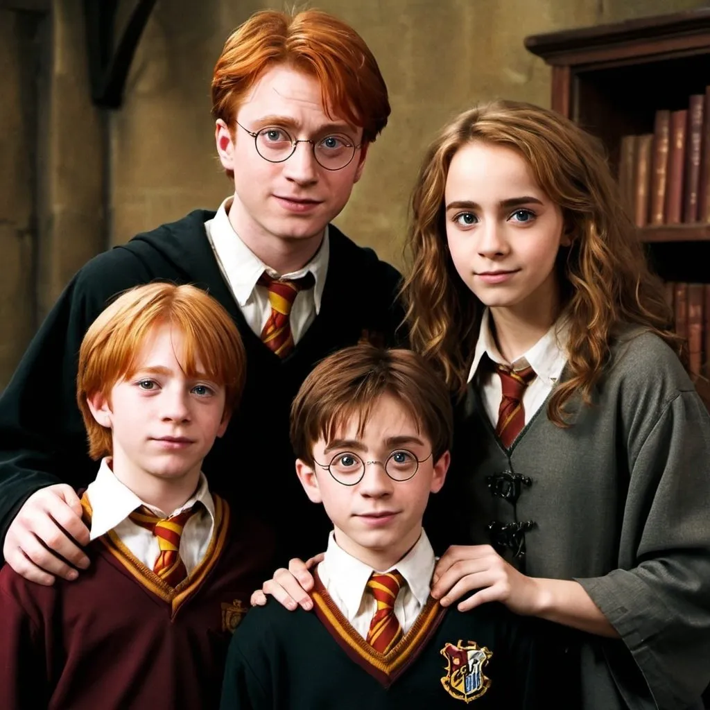 Prompt: Harry James Potter with Ronald Bilius Weasley and Hermione Jean Granger