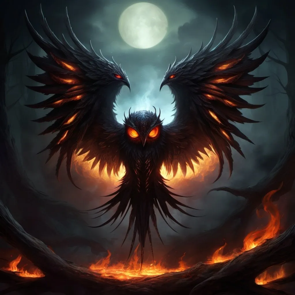 Prompt: a nightmarish fores, a dark floating eye, having six wings, wreathed in shadowy flame glowers, epic scale, horrifying mood, ember tones  