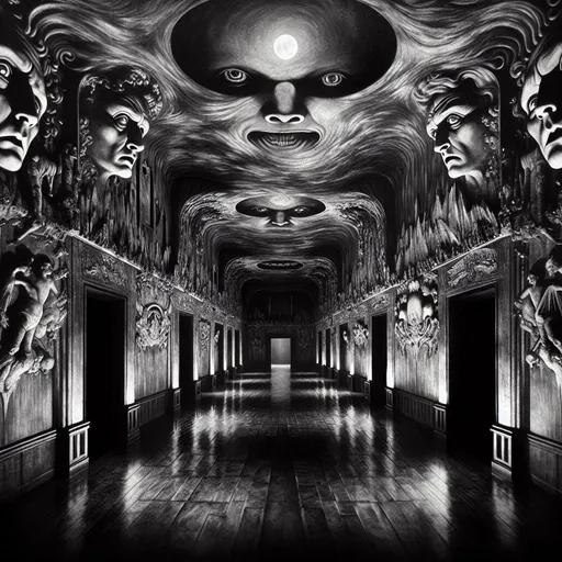 Prompt: a nightmarish mansion, a dark hallway beckons, horrifying reliefs look upon the viewer, fov, detailed, complex background, dr. calligari style  
