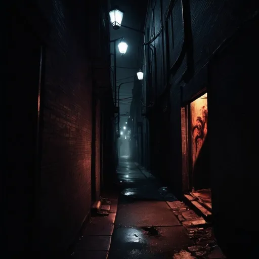 Prompt: the darkest night, a nightmarish cityscape, in a dark alleyway, a twisitng turning path to hell itself, surreal, face emerge from the dark, 