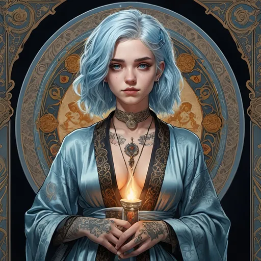 Prompt: tarot card  illustration, a light blue-haired young girl, detailed ornate cloth robe, dramatic lighting tattoo Sensual