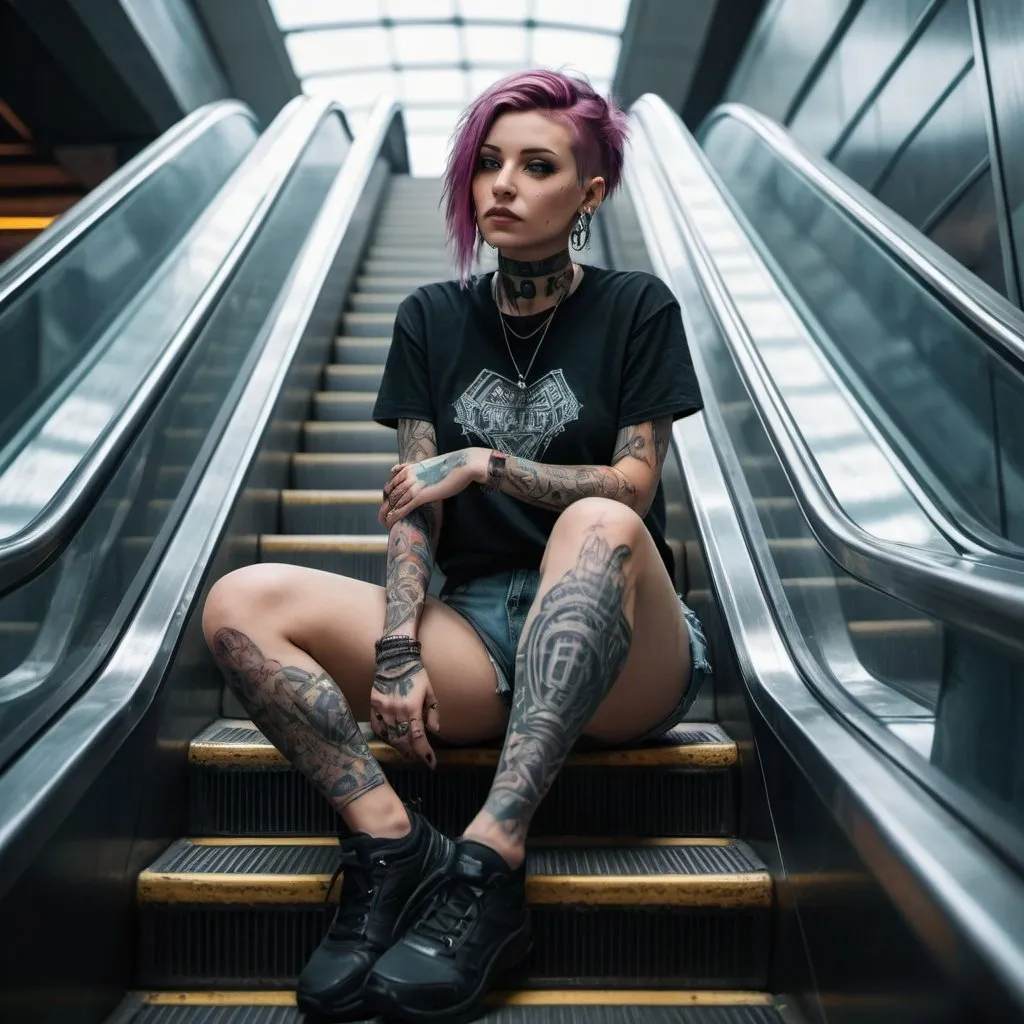 Prompt: a woman with tattoos sitting on an escalator with her legs crossed and her hand on her knee,  plasticien, cyberpunk style, cyberpunk art