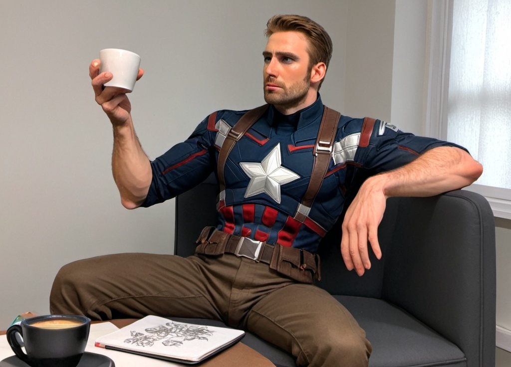 Prompt: captain america draw with this pose, hand with a turkish coffee looking left and watching esra erol carefully