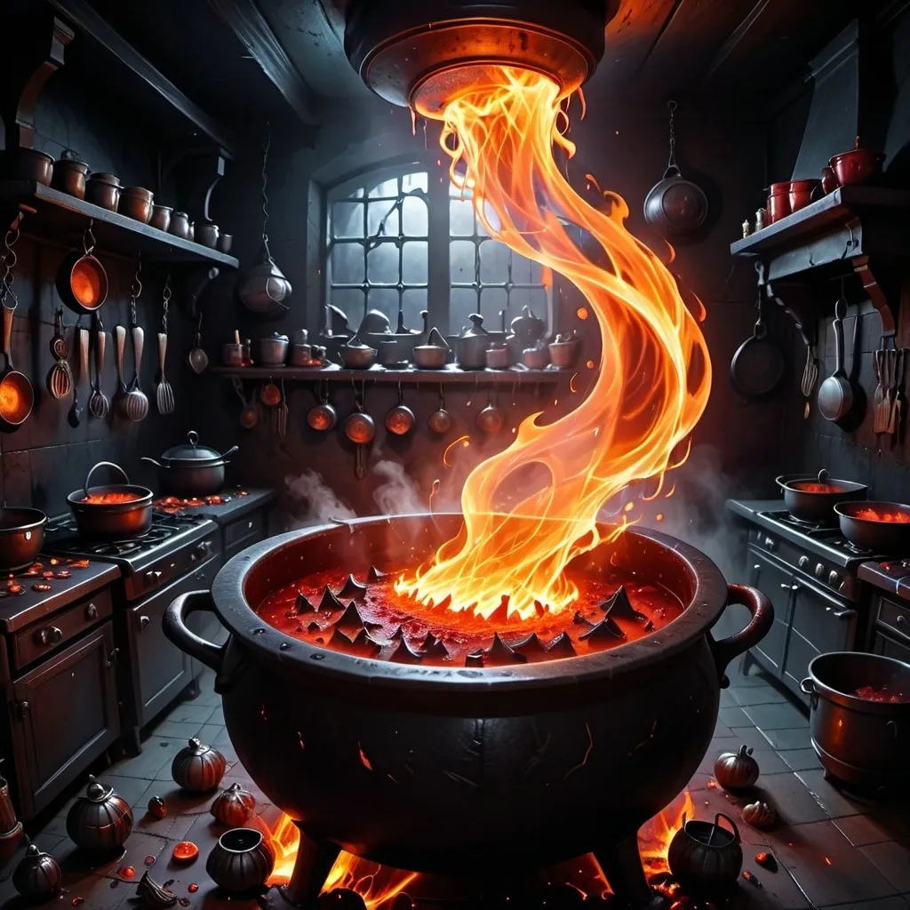 Prompt: A shadowy, fiery kitchen in the background.

A sinister cauldron bubbling with dark, chaotic red and black energy.

Food tokens resembling grotesque, glowing dishes scattered around the cauldron.