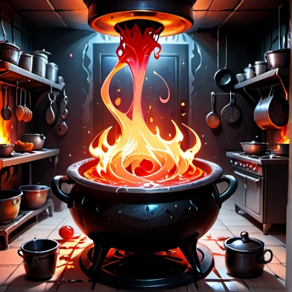 Prompt: A shadowy, fiery kitchen in the background.

A sinister cauldron bubbling with dark, chaotic red and black energy.

Food tokens resembling grotesque, glowing dishes scattered around the cauldron.