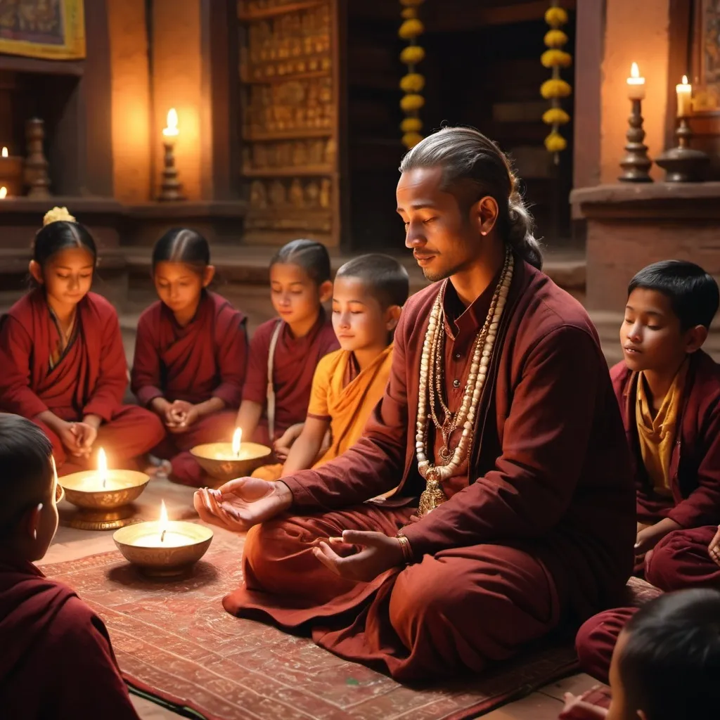 Prompt: In Nepali culture a Guru (teacher) teaching his disciples and giving blessing 