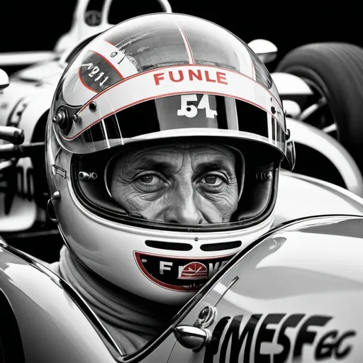 Prompt: A fascinating double exposure portrait that merges a 1955 portrait of Juan Manuel Fangio and a view of his Formula 1 Mercedes-Benz W196, transparency, bold contrasts, negative space and intricate line drawings to create a visually striking composition, the portrait at double exposure should evoke the history of motorsport, hyper detailed, sharp focus, studio photo, intricate details