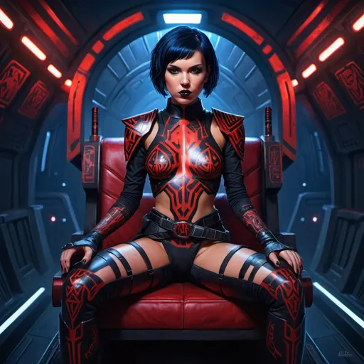 Prompt: A sith warrior girl in leather clothing and shiny metal shoulder pads, with a modern short haircut, and red and black tribal tattoos, sitting with slightly spread legs on an ancient throne, inside a dark blue and red illuminated space ship bridge, holding a red sith light saber on her right hand, in digital painting style.