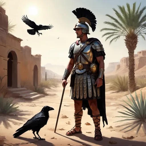 Prompt: Roman soldier standing without helmet, holding a small christian cross on his right hand, holding a palm tree leaf on his left hand, a dead black crow between his feet, roman helmet on the floor, next to his right foot, in an arid scenario with light from above, digital painting style.