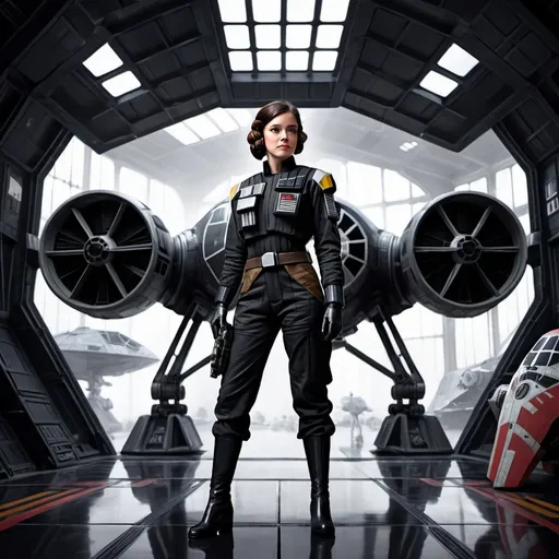 Prompt: Beautiful female Star Wars Imperial TIE fighter pilot, standing in front of a TIE Fighter ship inside an imperial hangar, imperial flags on the background, full body, digital paint style.