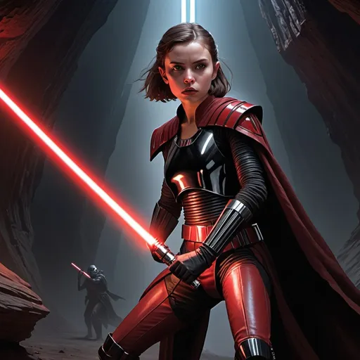 Prompt: Young female sith warrior, wearing tight leather clothes and shiny metal shoulderpads, standing, holding a red sith lightsaber on her right hand, force choking a levitating jedi at short distance, in an alien planet dark environment, seen from below.