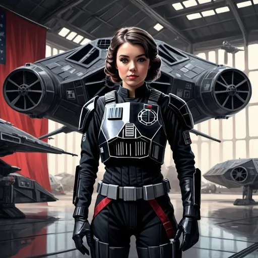 Prompt: Beautiful female Star Wars Imperial TIE fighter pilot, standing in front of a TIE Fighter ship inside an imperial hangar, imperial flags on the background, full body, digital paint style.