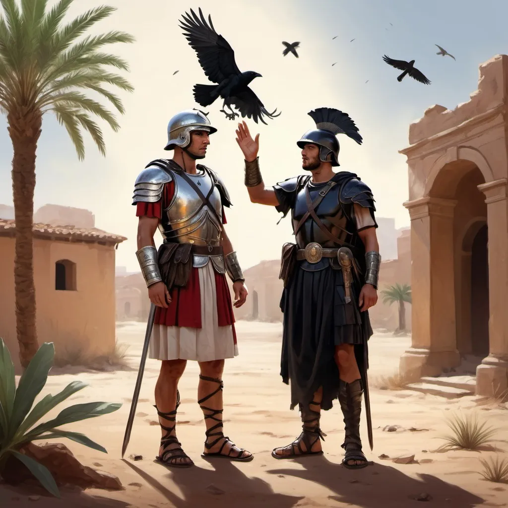 Prompt: Roman soldier standing without helmet, holding a small christian cross on his right hand, holding a palm tree leaf on his left hand, a dead black crow between his feet, roman helmet on the floor, next to his right foot, in an arid scenario with light from above, digital painting style.