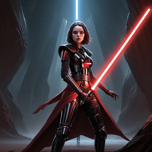 Prompt: Young beautiful female sith warrior, wearing tight leather clothes and shiny metal shoulderpads, standing, holding a red sith lightsaber on her right hand, a jedi knight is levtating  infront of her mid air, at short distance, facing her, in an alien dark environment planet, seen from ground level in digital paint style.