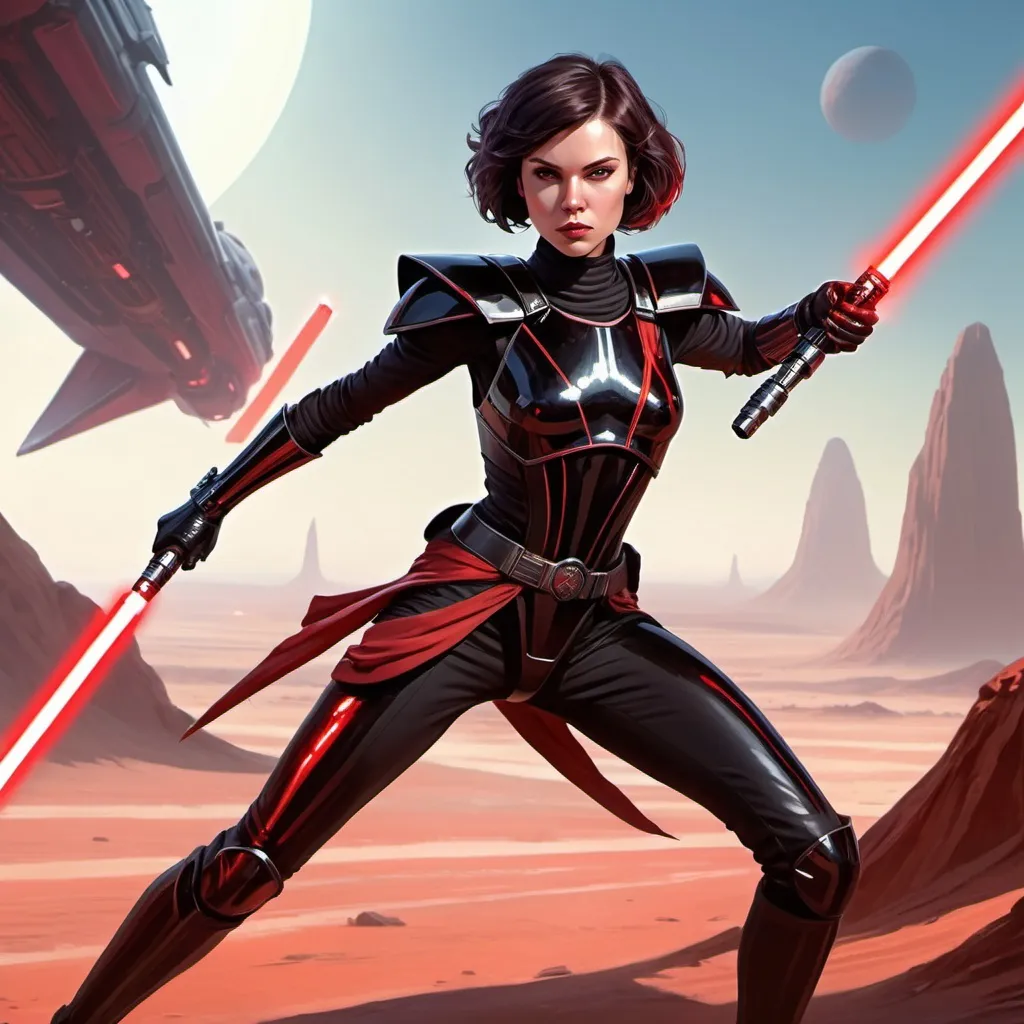 Prompt: Beautiful young female sith warrior, with very short hair, wearing tight shiny clothes and metal shoulder pads, jumping on enemy, holding a red lightsaber with both hands, on an open alien landscape, an inquisitor starship landed in the background, in digital painting style.