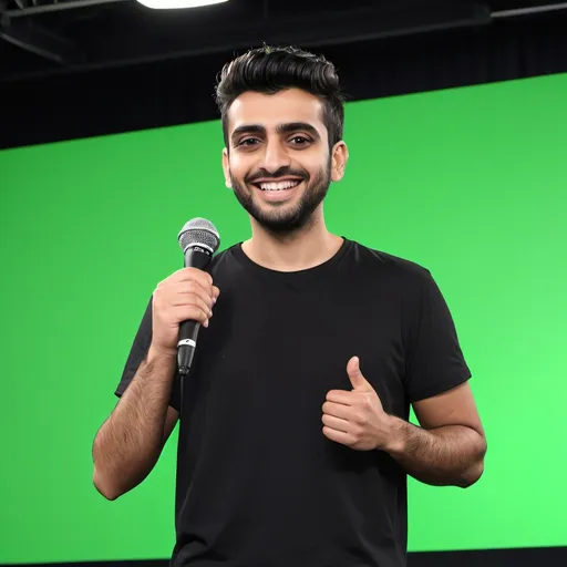 Prompt: a man with a black shirt and a green screen behind him smiling at the camera with a green screen behind him, Americo Makk, samikshavad, full hd, a picture He stands on the stage with the audience behind him, holding a microphone and wearing black clothes.