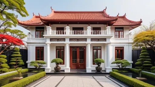 Prompt: Professionally design a beautiful garden villa with 2 floors and luxury, neoclassical style, white paint, classic patterned iron gate, red brick yard, Japanese style garden