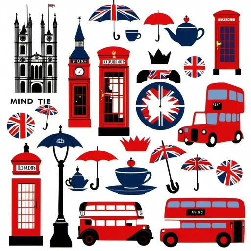 Prompt: London-themed clipart, now with additional elements like a cup of tea, a royal crown, an umbrella, and the "Mind the Gap" sign