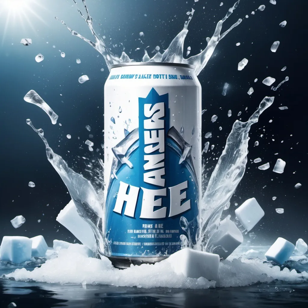 Prompt: Give me a movie poster with the hero image of a white can in the middle, surrounded by water splashes, ice shards and ice blocks around the base of the can