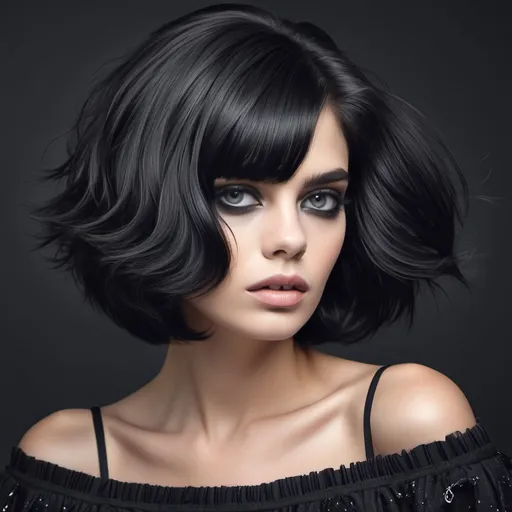 Prompt: uma mulher branca cabelo Chanel na altura do pesco�o, cabelo curto preto escuro e com franja com um pouco de volume, olhos pretos pequenos levemente puxados, nariz fino e levemente grande, cor da pele p�lida, sobrancelhas falhas e finas, boca m�dia com a parte superior menor