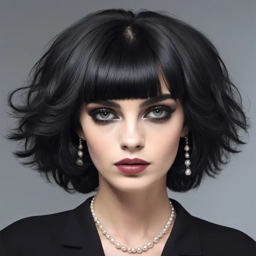 Prompt: uma mulher branca cabelo Chanel na altura do pesco�o, cabelo curto preto escuro e com franja com um pouco de volume, olhos pretos escudos pequenos levemente puxados, nariz fino e levemente grande, cor da pele p�lida, sobrancelhas falhas e finas, boca m�dia com a parte superior menor