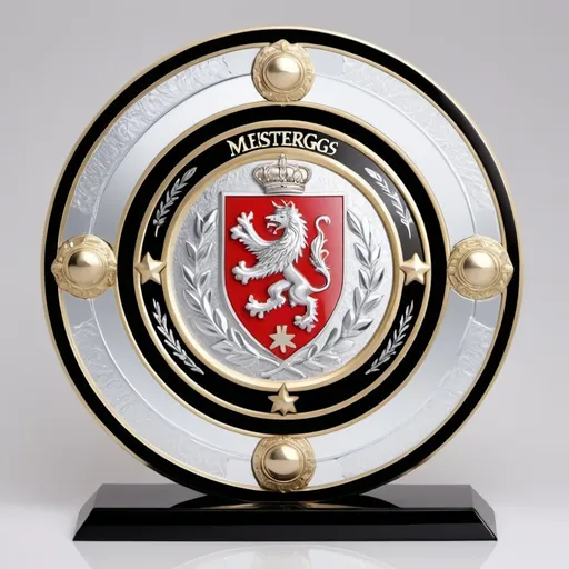 Prompt:  Round shield large trophy engraved with the word "MEISTERSLIGA" With a silver and gold combination lustre