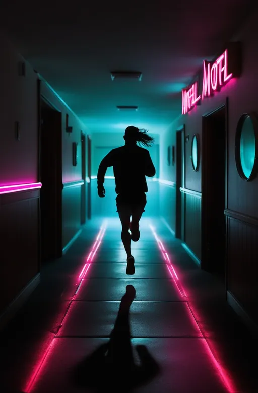 Prompt: Running in Motel, dark night neon lights, run, Motel