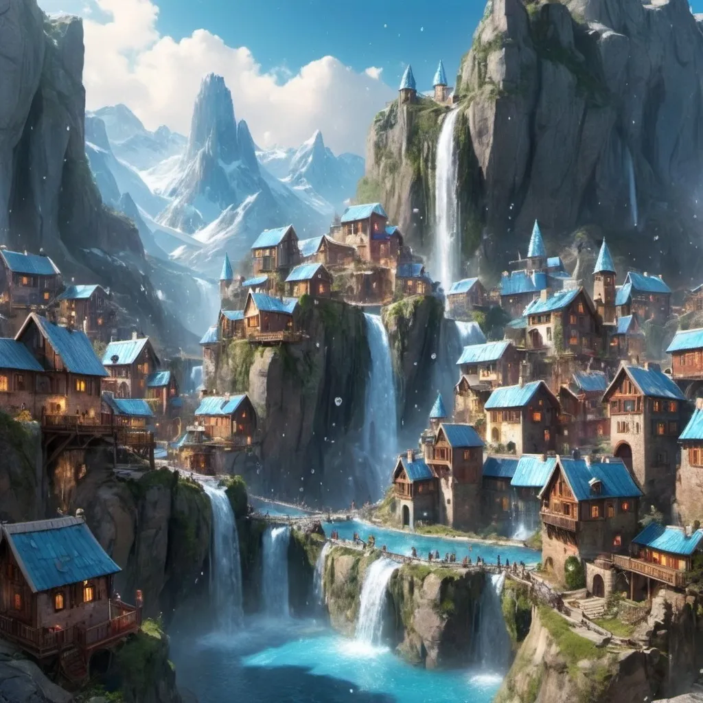 Prompt: At the heart of this breathtaking panorama stands the futuristic village of  Citadel, different houses crafted from different shimmering crystalline rocks that reflect and refract the kaleidoscopic hues of the landscape. This grand village is in the middle of a valley reflecting light from the sun. Cascading waterfalls of liquid methane come from the mountains surrounding the village, their crystalline droplets sparkling like diamonds as they plunge into glistening pools.