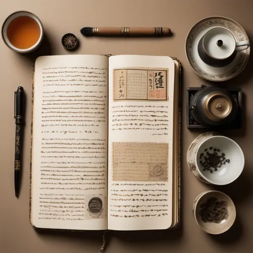 Prompt: "An open vintage notebook with handwritten poems in multiple languages, including Arabic, Korean, and Japanese, with a sepia-toned background. Surround the notebook with subtle items like a traditional calligraphy brush, old photographs, and a cup of tea to evoke nostalgia."