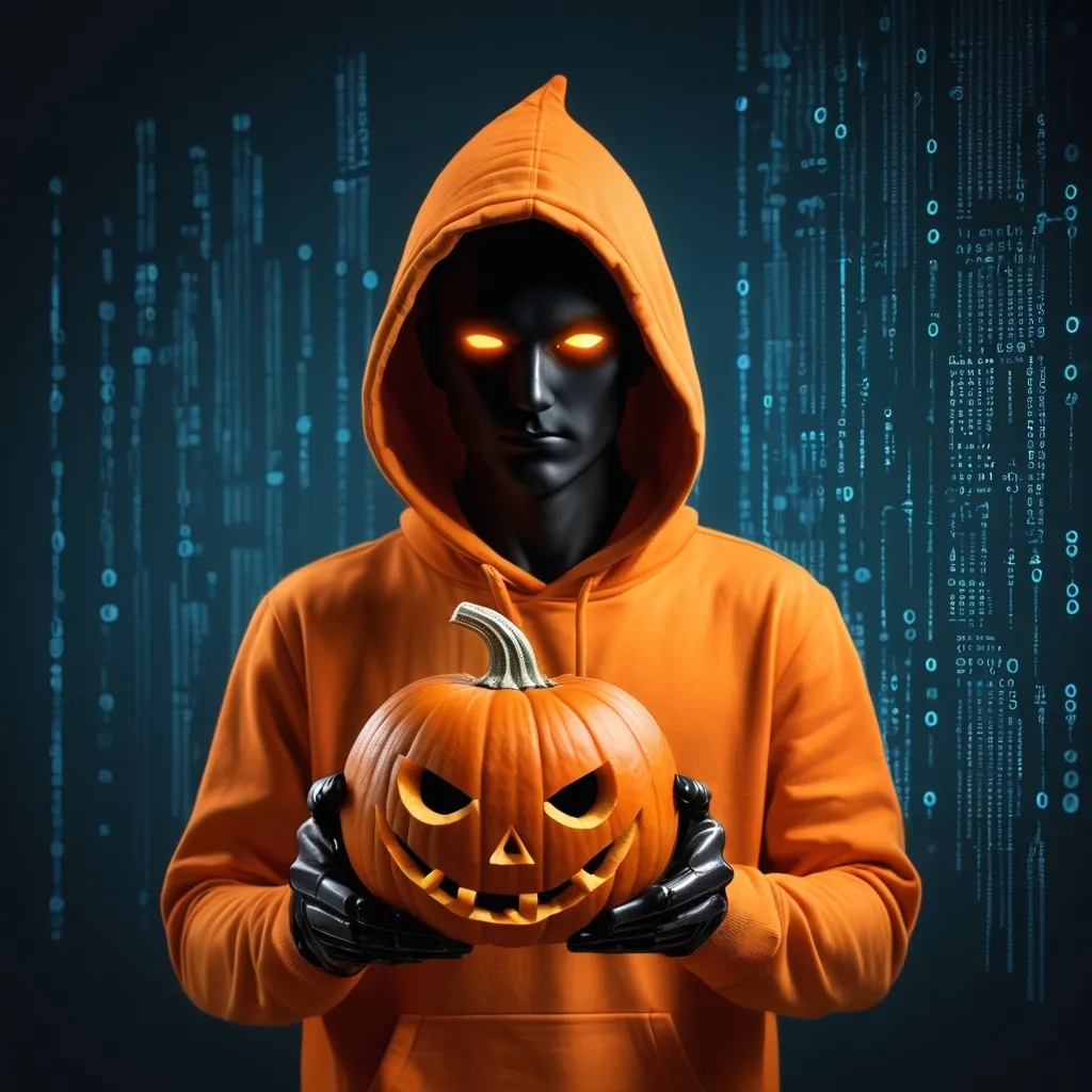 Prompt: make the background orange binary but leave the hacker with the pumpkin