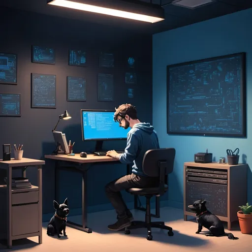 Prompt: a pixelart guy is at a standing desk, tapping away on keyboard, a bright screen infront of him and a small black dog sits by his side. The room around him has plain blue walls with ascii symbols scattered over the wall and little lighting