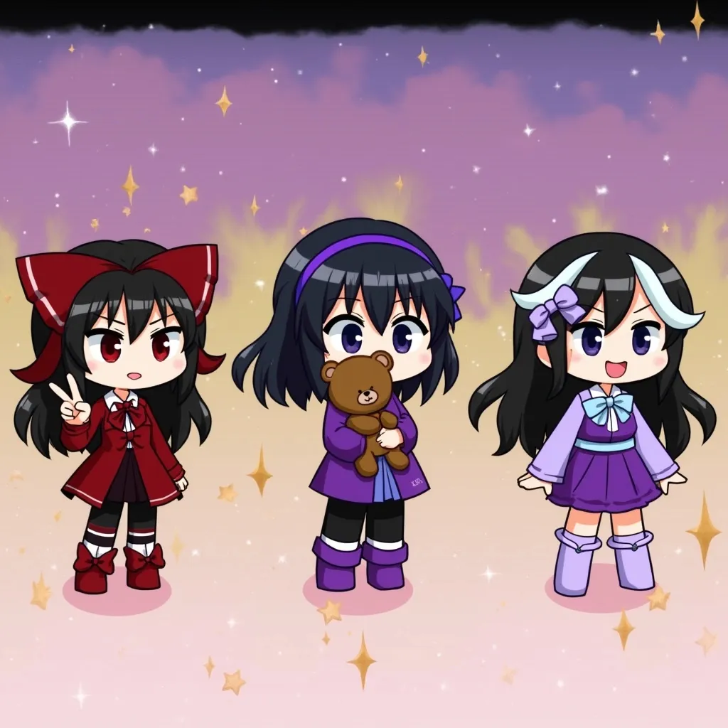 Prompt: Three animated characters stand in a whimsical, pastel-hued landscape that hints at a dreamy atmosphere. On the left, a girl with striking black and red hair flashes a playful peace sign while wearing a crimson outfit adorned with bows, exuding a mischievous charm. In the center, another character holds a brown teddy bear, showcasing her deep purple attire and matching accessories that accentuate her gentle demeanor. To the right, a girl with long, flowing black and white hair beams with joy, dressed in a soft lavender outfit, complete with a bow and playful stars swirling around her. The backdrop features soft gradients and sparkly elements that enhance the enchanting mood of this cheerful scene.