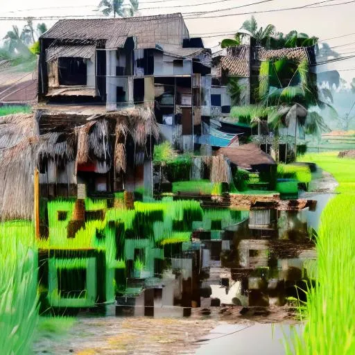 Prompt: A point of view picture while i'm walking on a village road, in about 80 metres from me there's an old wooden house at the edge of a paddy field.