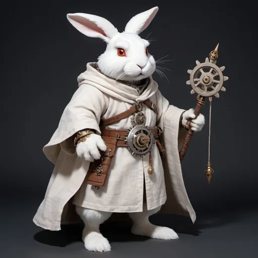 Prompt: A dnd 5th edition character based on the Harengon race. Its a white fur Rabbit like creature that wears a sand type linen cloak. Its a chronorgy sorcerer that has gears marked around its body like a tatoo and its eyes have clock hands around its iris