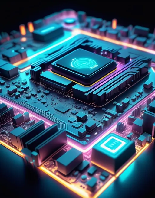 Prompt: (motherboard image), intricate details, (high-tech design), vibrant circuitry, ultra-detailed components, (cool color palette), glowing LED lights, futuristic atmosphere, seamless integration of technology, captivating background featuring a dynamic digital landscape, (4K quality), emphasizes precision and innovation.