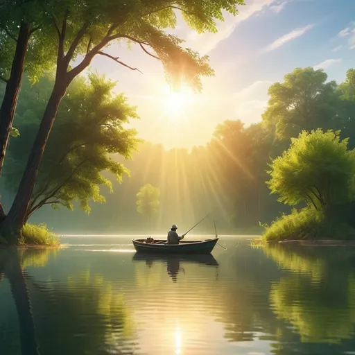 Prompt: (casting faith & fish), a serene scene of a tranquil lake, fisherman on a small boat, warm golden sunlight reflecting on the water, Beautiful God rays,  vibrant hues of nature, soft ripples in the lake, relaxed ambiance, (ultra-detailed), peaceful and hopeful atmosphere, hints of fish swimming beneath the surface, surrounding lush green trees, (4K quality).