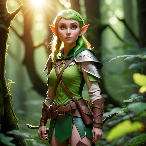 Prompt: Elf ranger in a mystical forest around sunlight