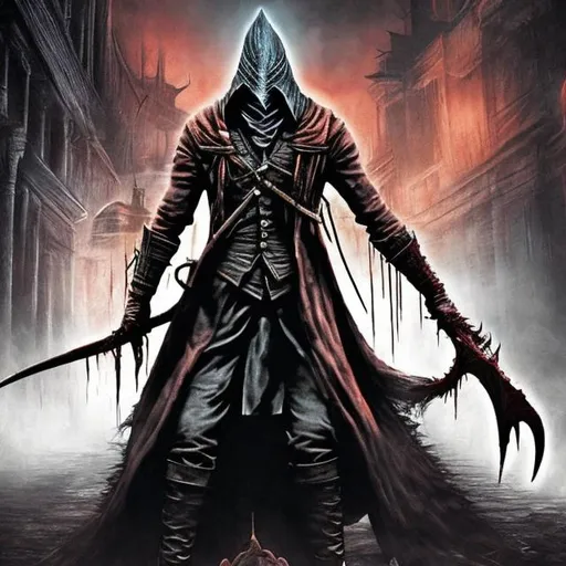 Prompt: bloodborne hunter fights with pyramid head from silent hill
