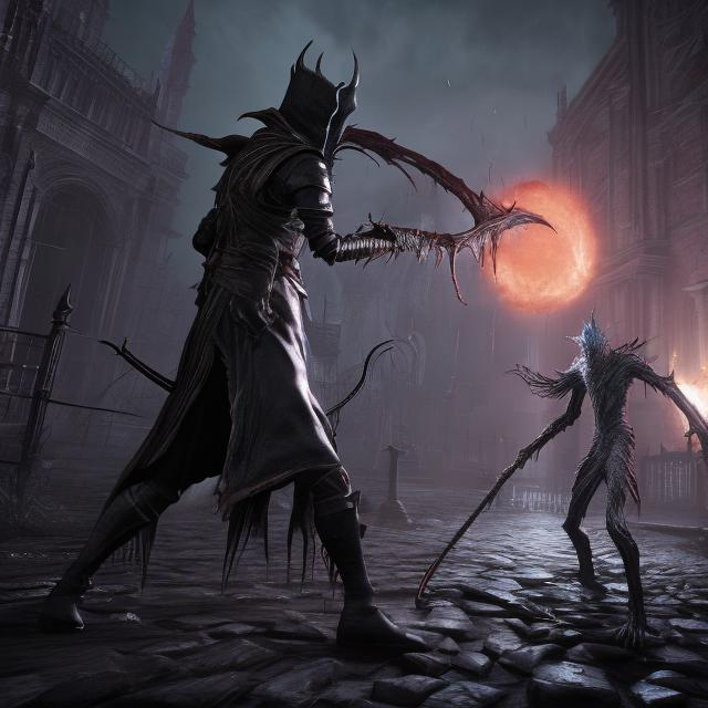 Prompt: bloodborne hunter fights nyarlathotep

