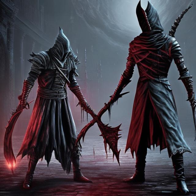 Prompt: bloodborne hunter fights with pyramid head from silent hill
