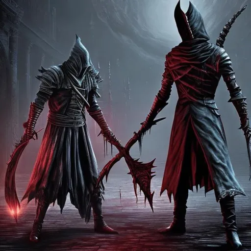Prompt: bloodborne hunter fights with pyramid head from silent hill
