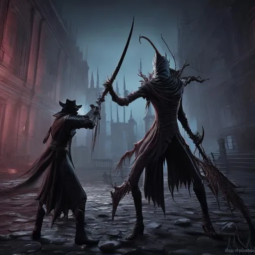 Prompt: bloodborne hunter fights nyarlathotep

