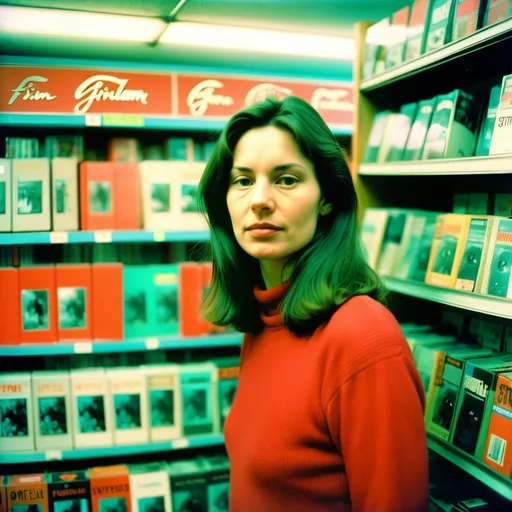 Prompt: Analog film photography still, portrait of a woman in a VHS store, grainy fujifilm film, anaglyph effect