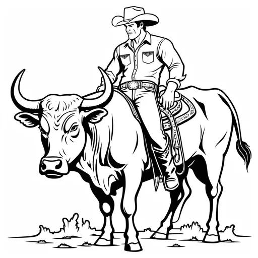 Prompt: B&W coloring book page,Cowboy with bull , line art, solid white background