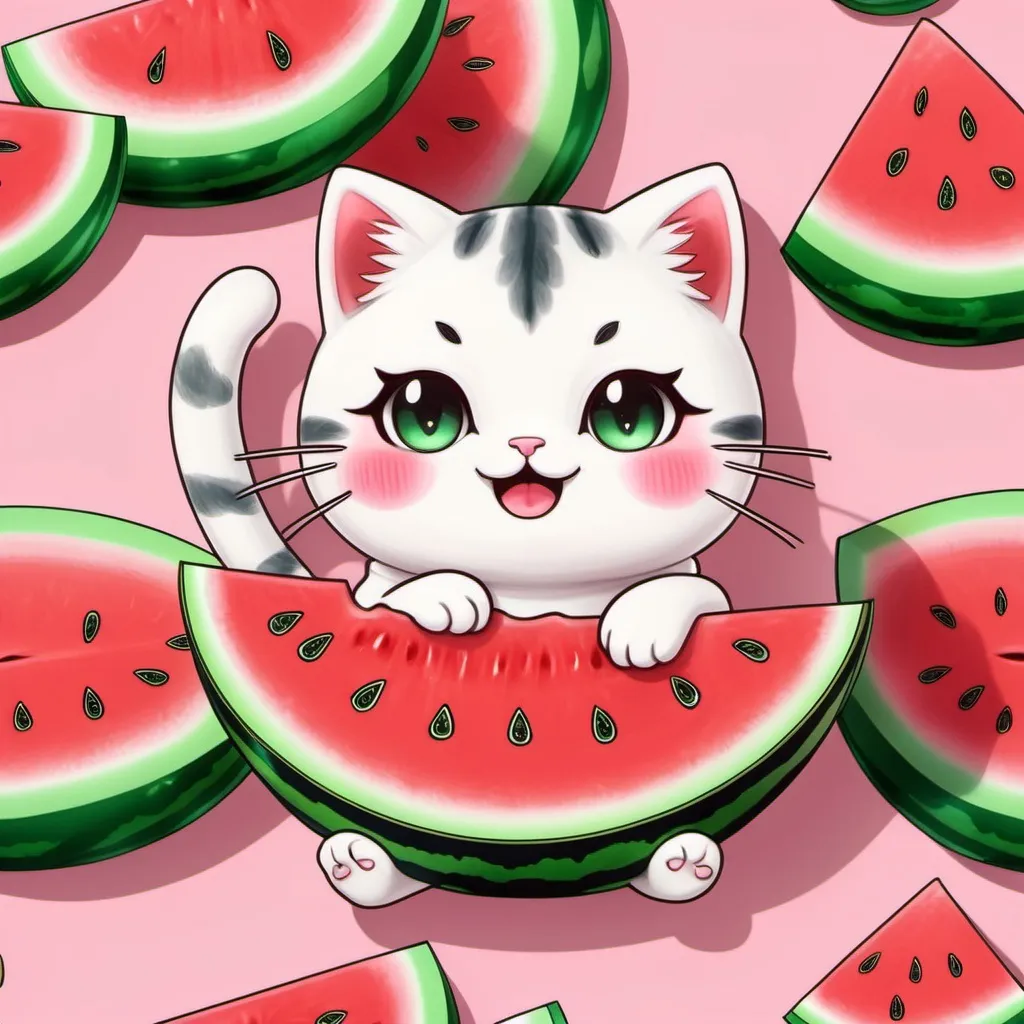 Prompt: kawaii cat eat watermelon