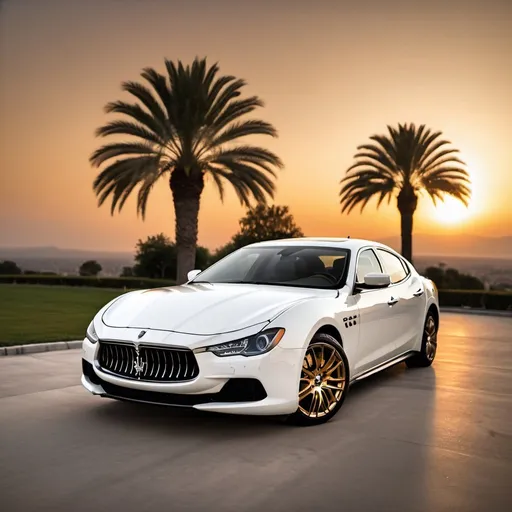 Prompt: White Maserati Ghibli with gold rims, beautiful background sunset, Wallpaper, high resolution, 4k, detailed, high quality, professional, wide view